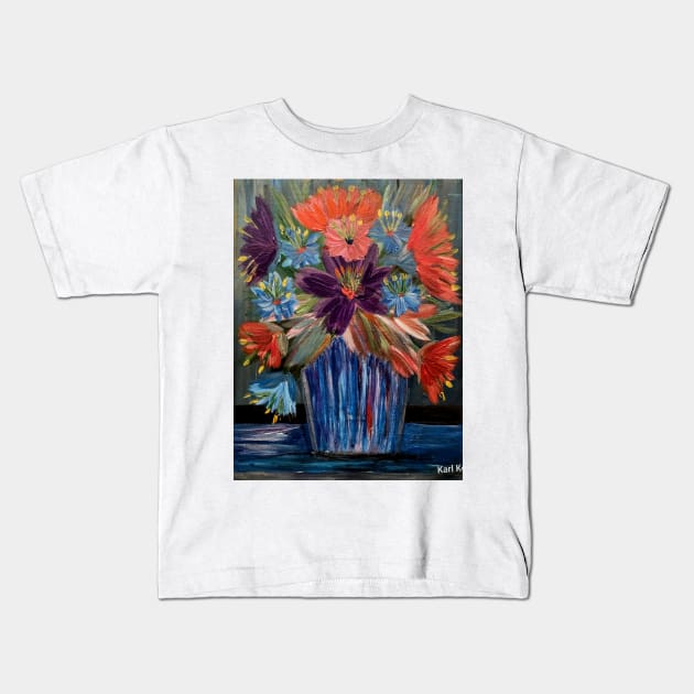 A lovely boutique of abstract vibrant bright colorful  flowers in a glass vase Kids T-Shirt by kkartwork